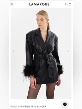 Lamarque Black Feather-Trim Leather-Look Blazer
